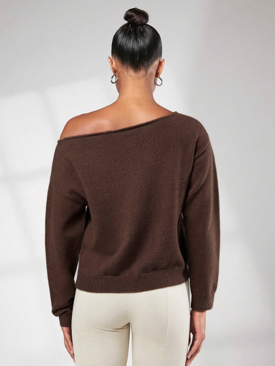 BASICS Solid Asymmetrical Neck Drop Shoulder Sweater