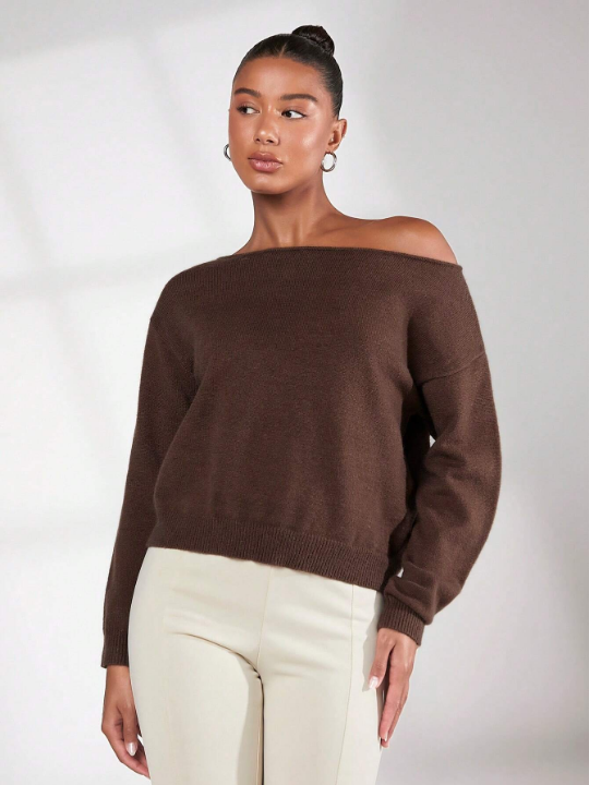 BASICS Solid Asymmetrical Neck Drop Shoulder Sweater