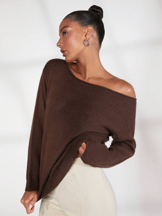 BASICS Solid Asymmetrical Neck Drop Shoulder Sweater