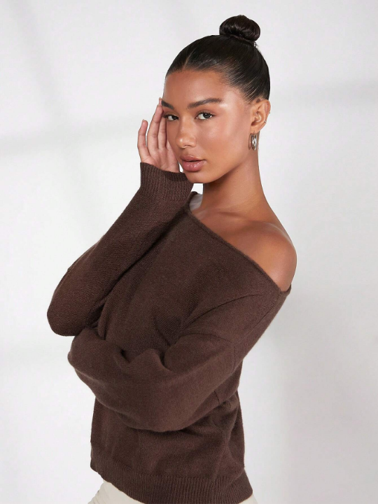 BASICS Solid Asymmetrical Neck Drop Shoulder Sweater