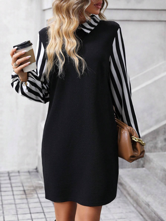 Striped Print Mock Neck Lantern Sleeve Dress