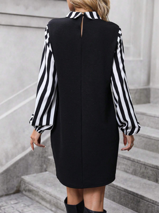 Striped Print Mock Neck Lantern Sleeve Dress