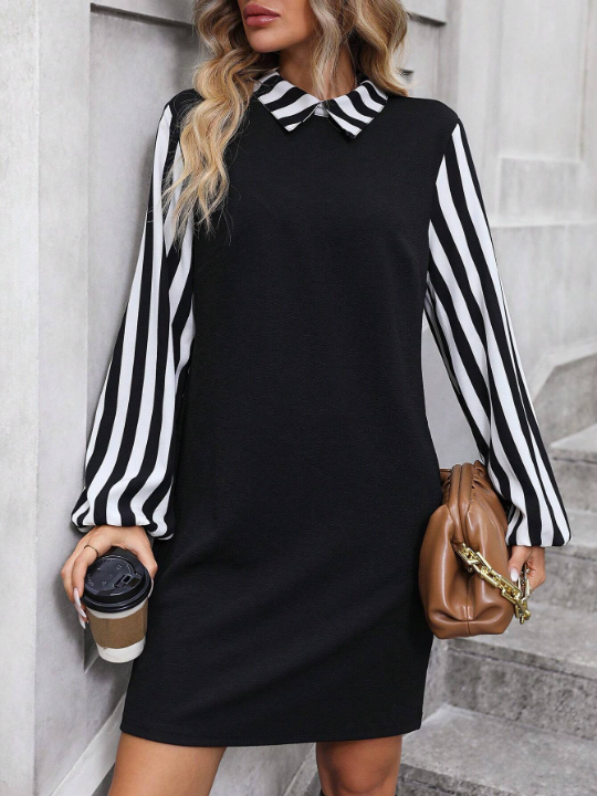 Striped Print Mock Neck Lantern Sleeve Dress