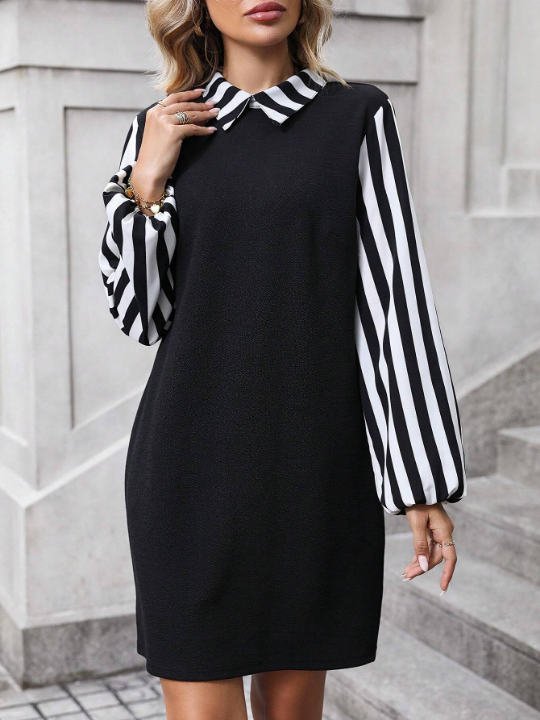 Striped Print Mock Neck Lantern Sleeve Dress