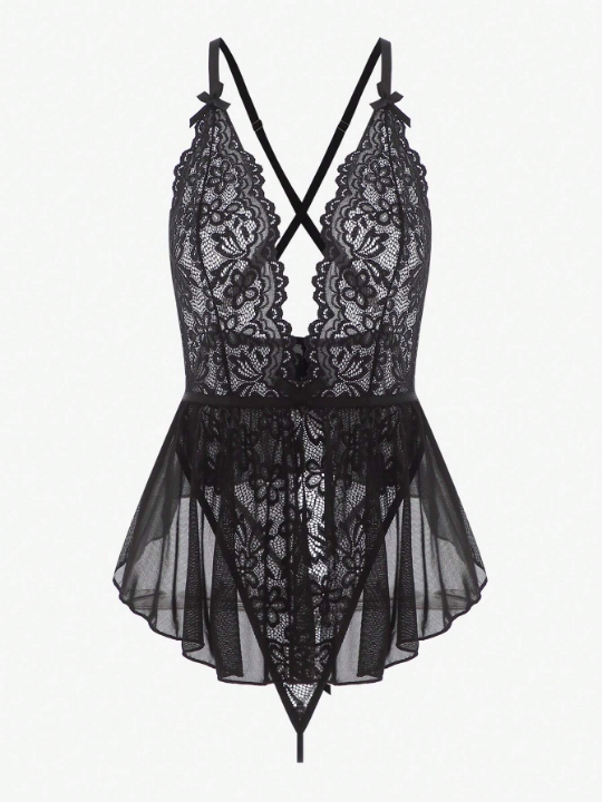 Classic Sexy Criss Cross Backless Contrast Lace Mesh Slips