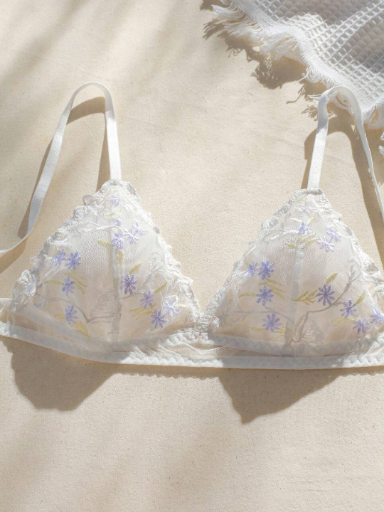 Floral Embroidery Mesh Lingerie Set