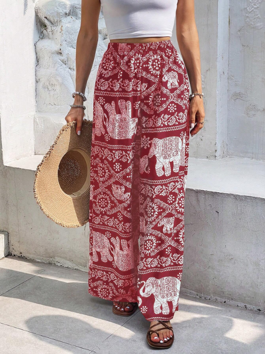 Frenchy Elephant Print Wide Leg Pants