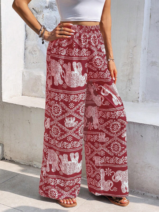 Frenchy Elephant Print Wide Leg Pants