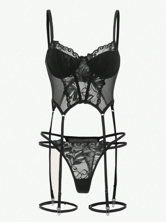4pack Floral Lace Cut Out Garter Underwire Thong Lingerie Set