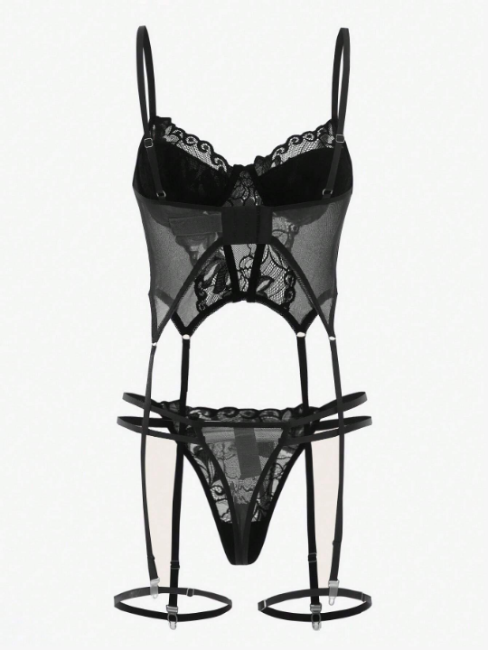 4pack Floral Lace Cut Out Garter Underwire Thong Lingerie Set