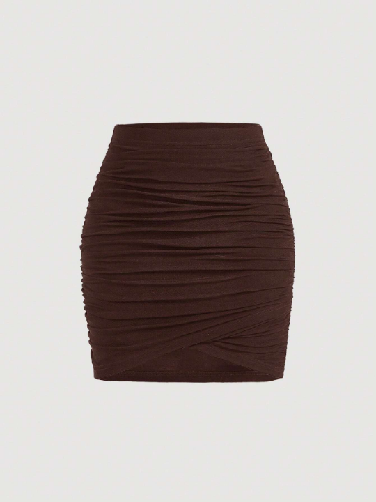 MOD Solid Ruched Wrap Cross Bodycon Skirt