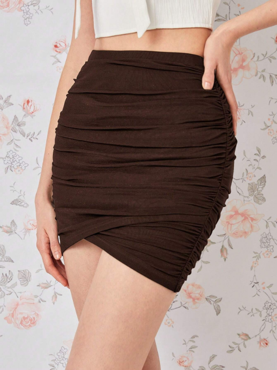 MOD Solid Ruched Wrap Cross Bodycon Skirt