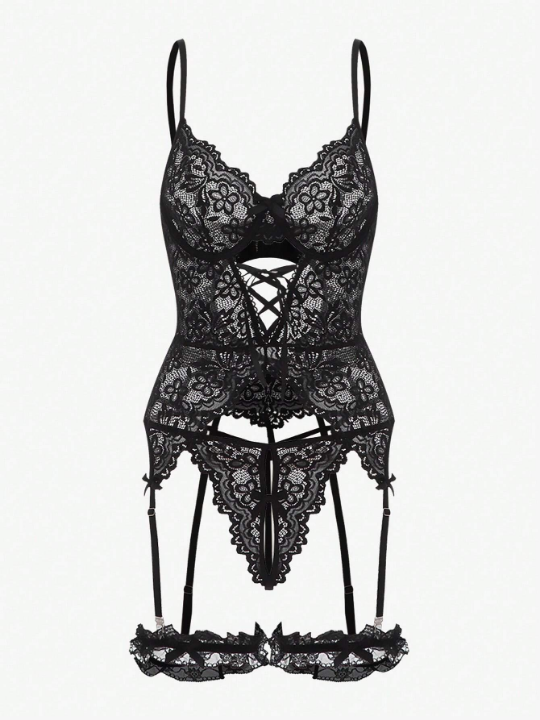 Classic Sexy Floral Lace Underwire Garter Lingerie Set With 1pair Leg Ring