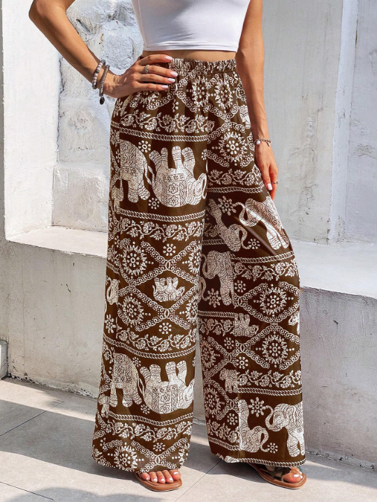 Frenchy Elephant Print Wide Leg Pants