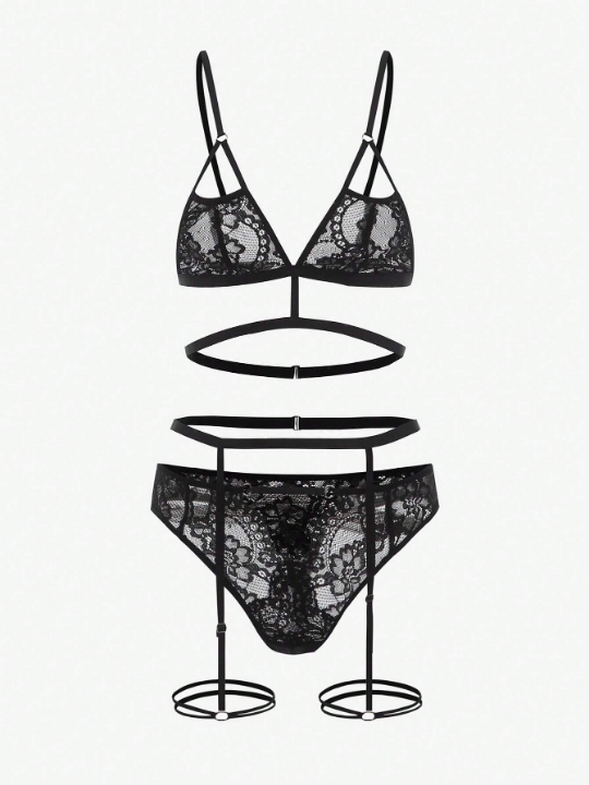 Floral Lace Cut Out Garter Lingerie Set