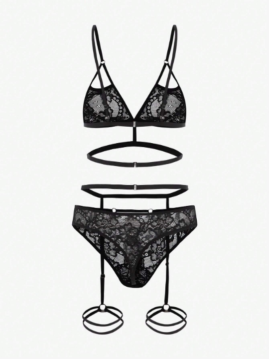 Floral Lace Cut Out Garter Lingerie Set