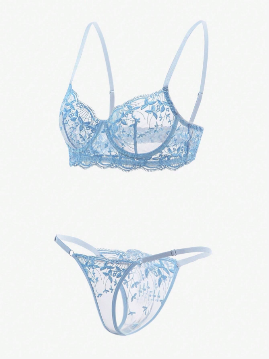 Classic Sexy Embroidered Mesh Underwire Lingerie Set