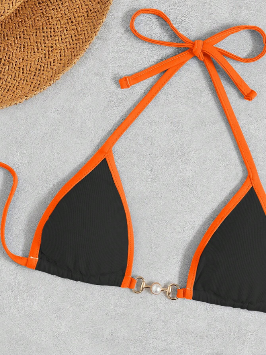 Contrast Binding Halter Triangle Bikini Swimsuit