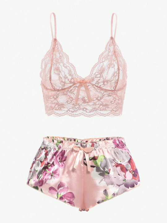 Floral Lace Bralette With Floral Shorts