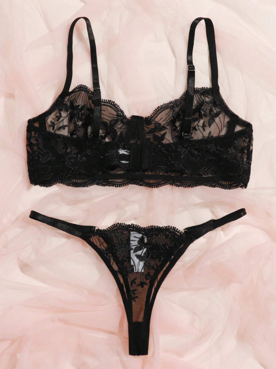 Classic Sexy Embroidered Mesh Underwire Lingerie Set