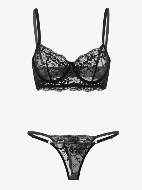 Classic Sexy Embroidered Mesh Underwire Lingerie Set
