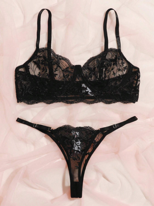 Classic Sexy Embroidered Mesh Underwire Lingerie Set