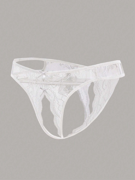 Classic Sexy Floral Lace Bow Decor Crotchless Panty