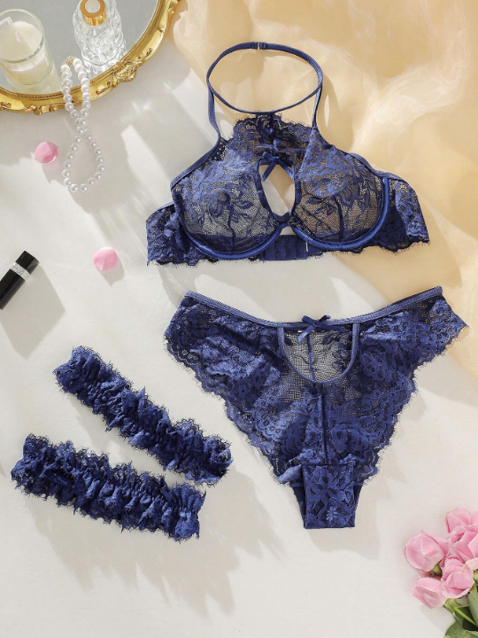 Classic Sexy Floral Lace Underwire Lingerie Set With 1pair Leg Ring