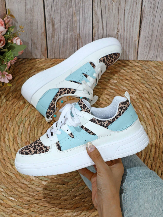 Color Block Leopard Print Casual Student Sneakers, Sport Shoes