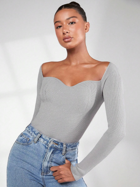 BASICS Sweetheart Neck Ribbed Knit Sweater