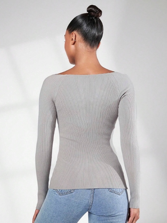 BASICS Sweetheart Neck Ribbed Knit Sweater