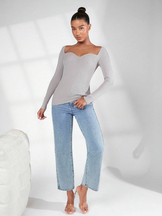 BASICS Sweetheart Neck Ribbed Knit Sweater