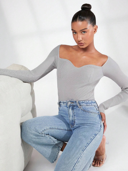 BASICS Sweetheart Neck Ribbed Knit Sweater