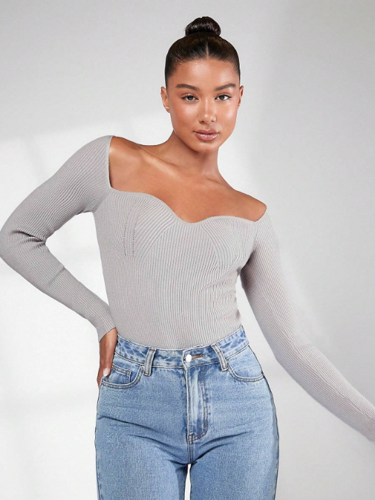 BASICS Sweetheart Neck Ribbed Knit Sweater