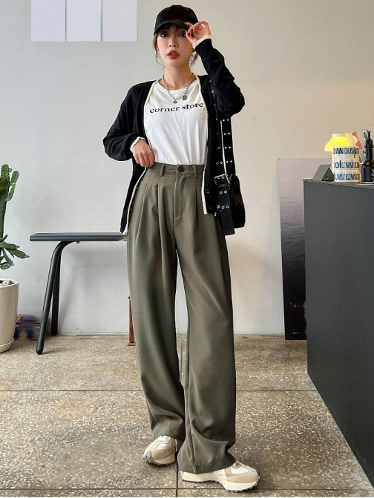 DAZY High Waist Plicated Detail Wide Leg Pants