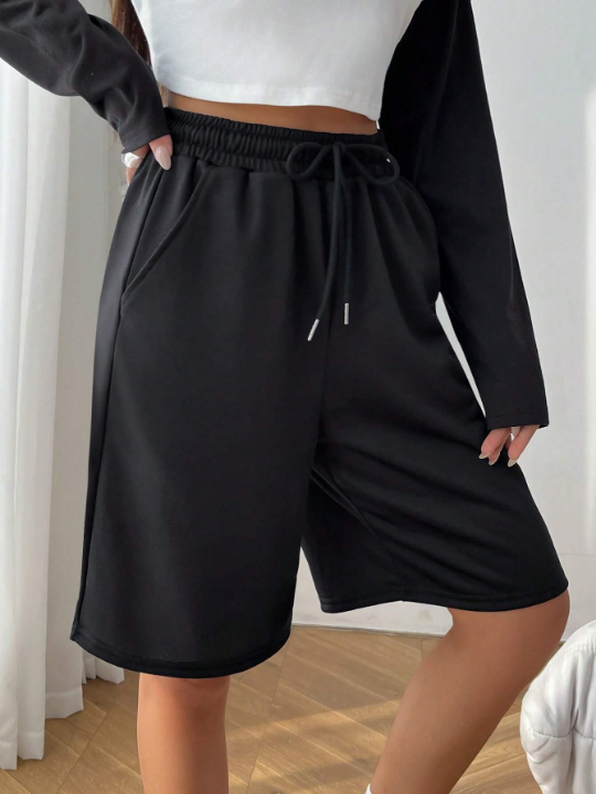 EZwear Drawstring Waist Slant Pocket Shorts