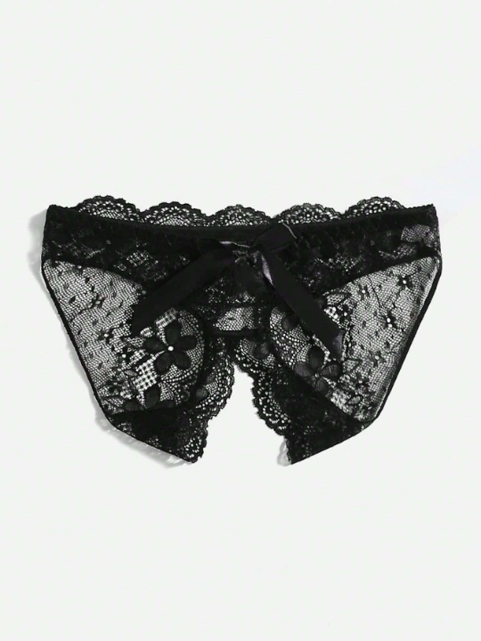 Floral Lace Bow Front Crotchless Panty