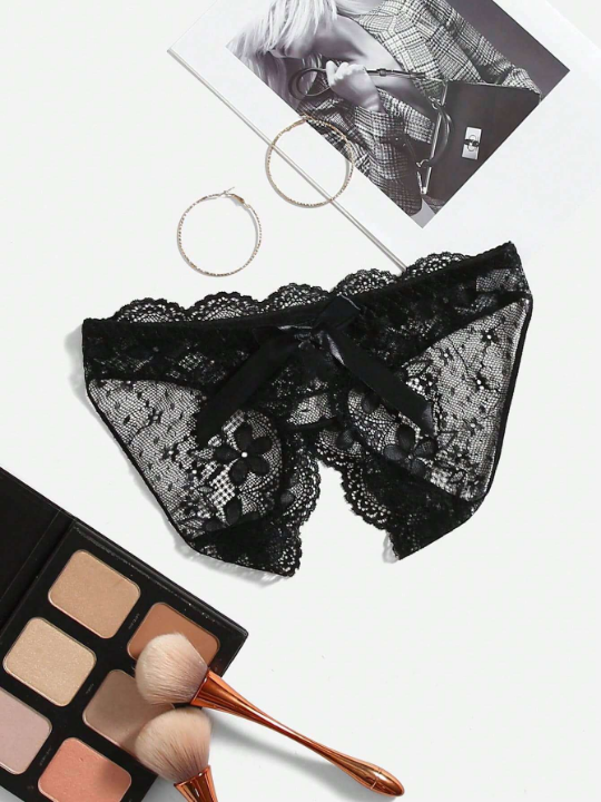 Floral Lace Bow Front Crotchless Panty