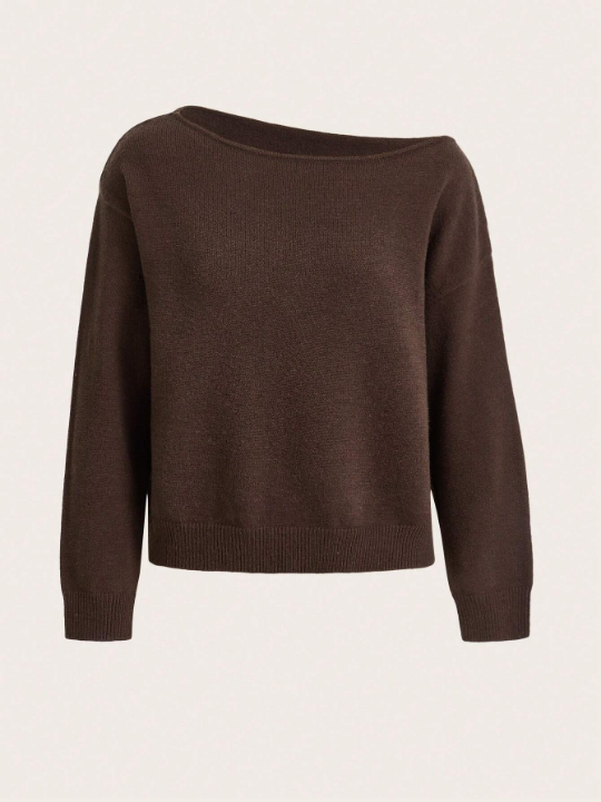 BASICS Solid Asymmetrical Neck Drop Shoulder Sweater