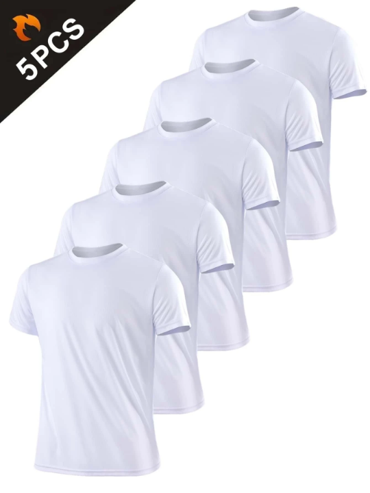 5PCS White Men's Solid Color Ultralight Quick Dry Sport T-Shirt, Breathable Lightweight Top For Fitness Gym Clothes Men Basic T-Shirt