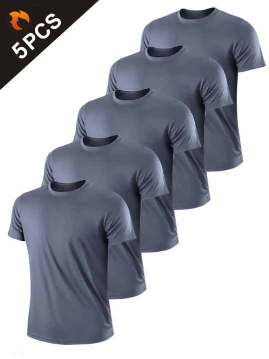 5PCS Gray Men's Solid Color Ultralight Quick Dry Sport T-Shirt, Breathable Lightweight Top For Fitness Gym Clothes Men Basic T Shirt