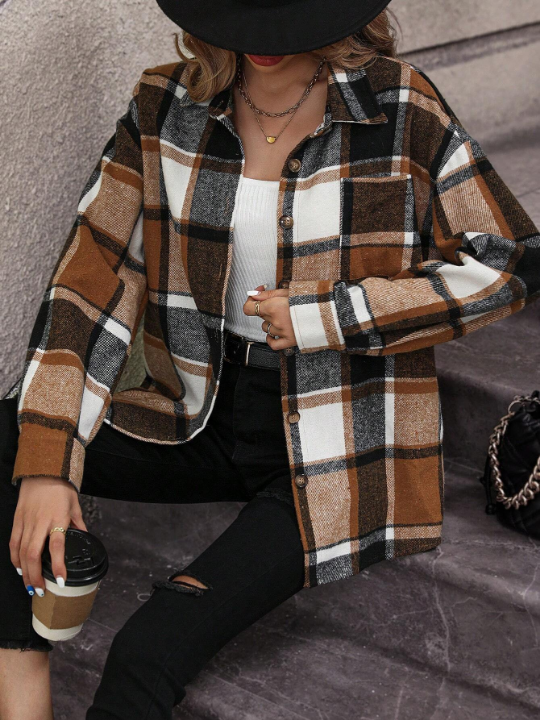 Plaid Print Drop Shoulder Coat