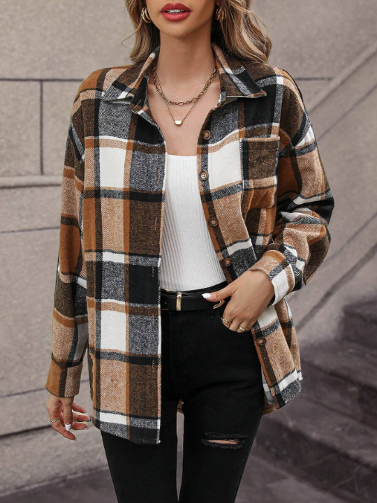 Plaid Print Drop Shoulder Coat