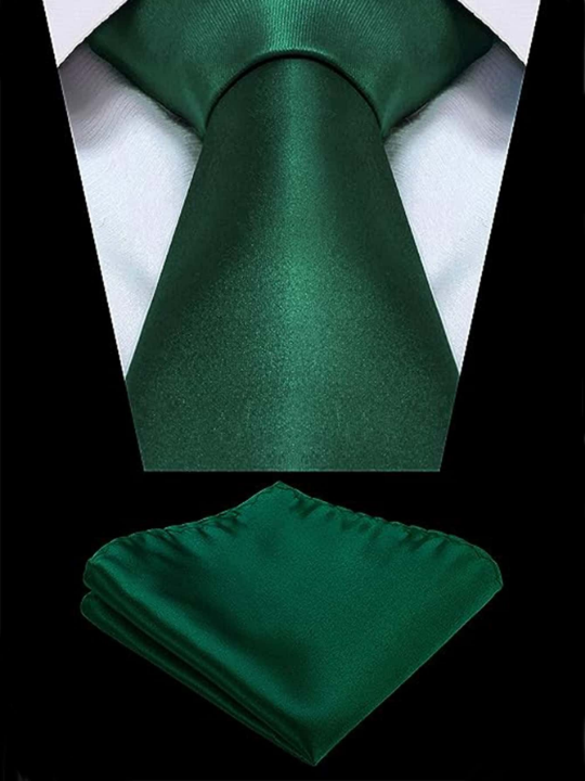 1set Men's Solid Color Tie & Pocket Square Set, Satin Necktie With Hanky For Business