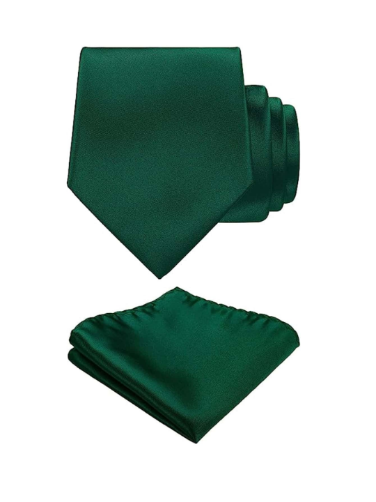 1set Men's Solid Color Tie & Pocket Square Set, Satin Necktie With Hanky For Business