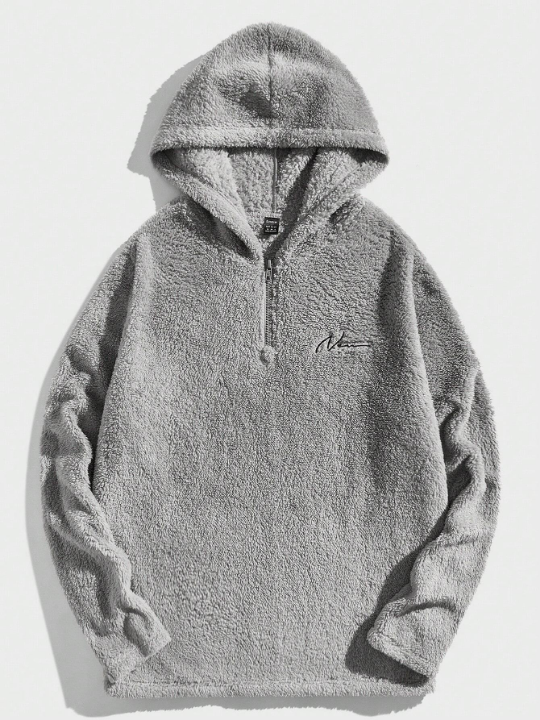 Manfinity Hypemode Men Letter Embroidery Half Zip Teddy Hoodie