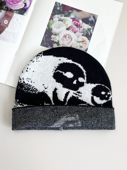 1pc Knitted Jacquard Ghost Skull Pattern Soft, Lightweight, Breathable Fashion Hat For Street Hip-hop, Winter