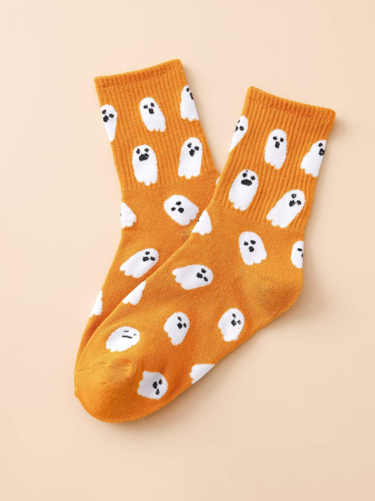 1pair Women's Funny Ghost Pattern Mid-calf Socks