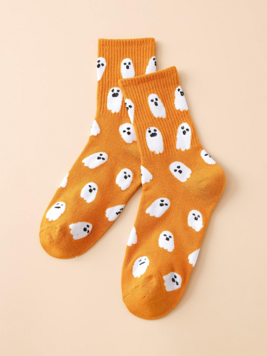 1pair Women's Funny Ghost Pattern Mid-calf Socks