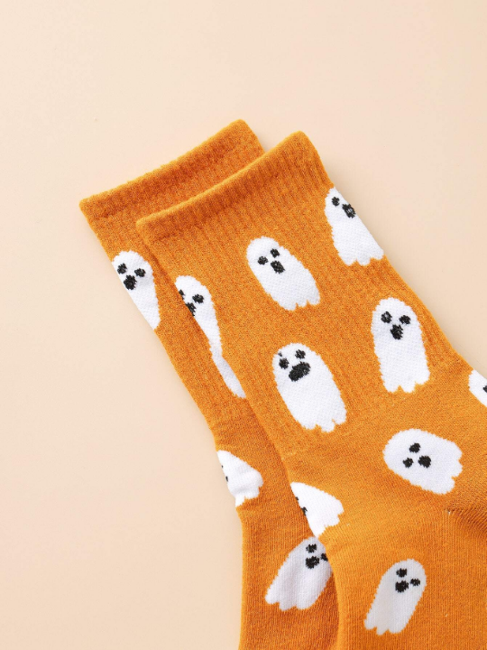 1pair Women's Funny Ghost Pattern Mid-calf Socks